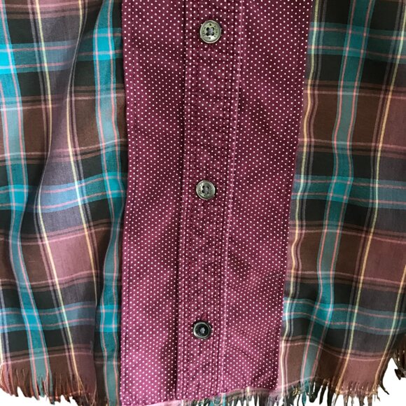 Upcycled Patchwork Button-Down Shirt, Size M-L: Boho Fringed Hem, Mixed Print - Picture 10 of 13